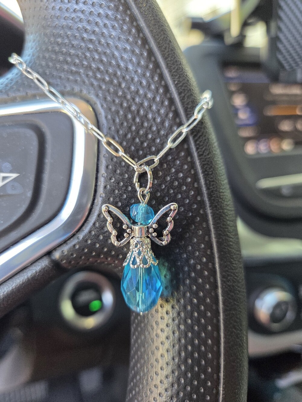Hand Crafted Ocean Blue Angel Steering Wheel Charm Silver Chain Mirror Charm